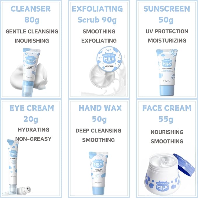 Milk Skincare Set Teen Girls Gifts - Skin Care for Teens 10-12 - Skin Care Set Moisturizing - Skin Care Routine Kit for Women - Skincare for Girls 10-12 - with Eye&Face Cream,Sunscreen(8PCS, Milk)