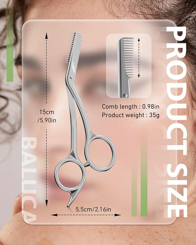 BALUCA Eyebrow Scissors with Comb | Professional Stainless Steel Eyebrow Trimmer for Women & Men | Dual-Design Precision Eye Brow Trimmer Scissors for Effortless Grooming, Silver (Silver)