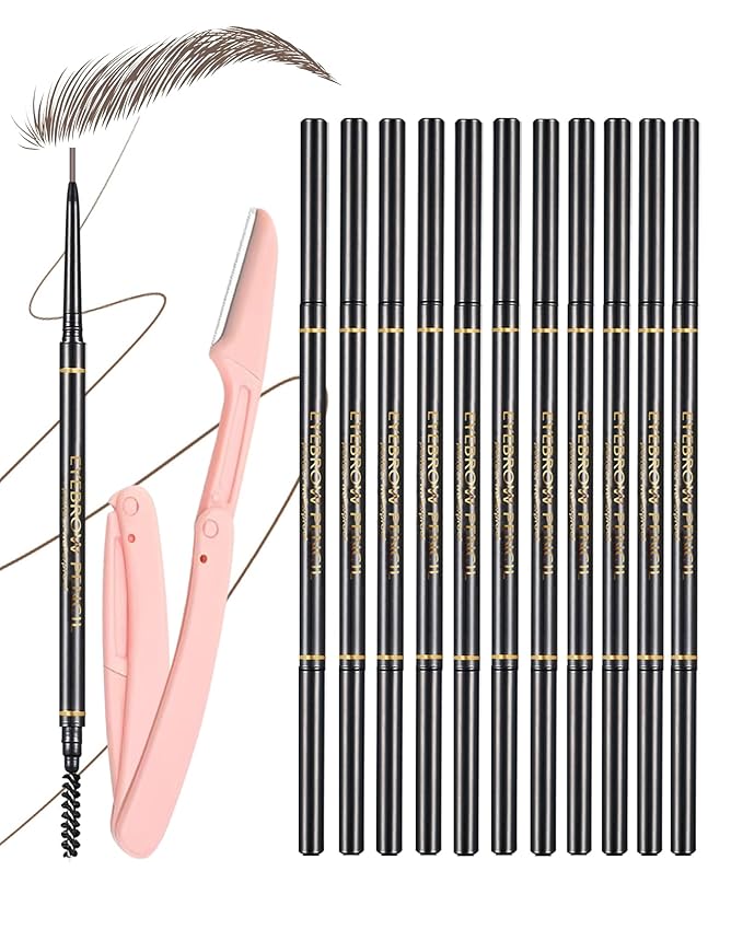 SUMEITANG Dark Brown Eyebrow Pencils for Women, 12Pcs Ultra Slim Eyebrow Pencil with 2 Brow Razors Kit, Double Head 1.5mm Micro-Fine Tip & Spiral Brush, Can Draw Fine and Long-Lasting Brows Makeup