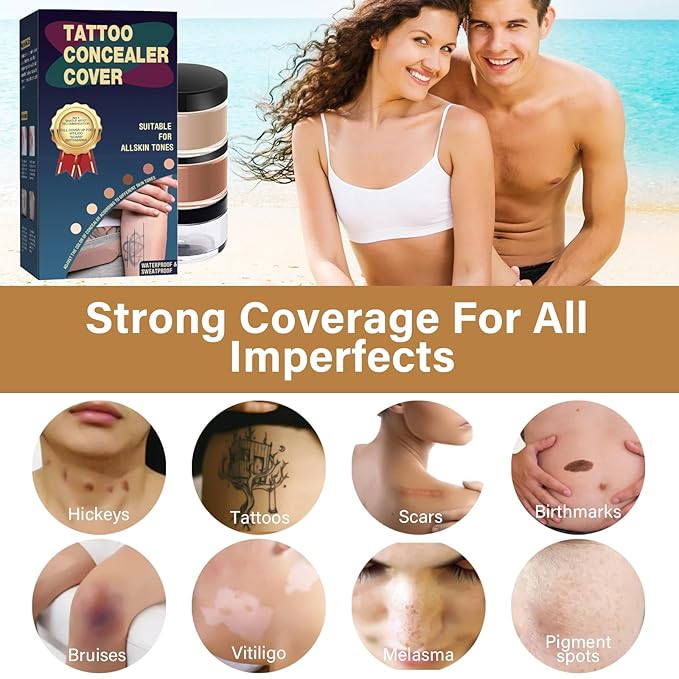 Tattoo Cover Up Makeup Waterproof, 2-Shade Professional Concealer Kit for Tattoos, Scars & Skin Imperfections, Full Coverage Camouflage Cream, Sweat & Transfer Resistant