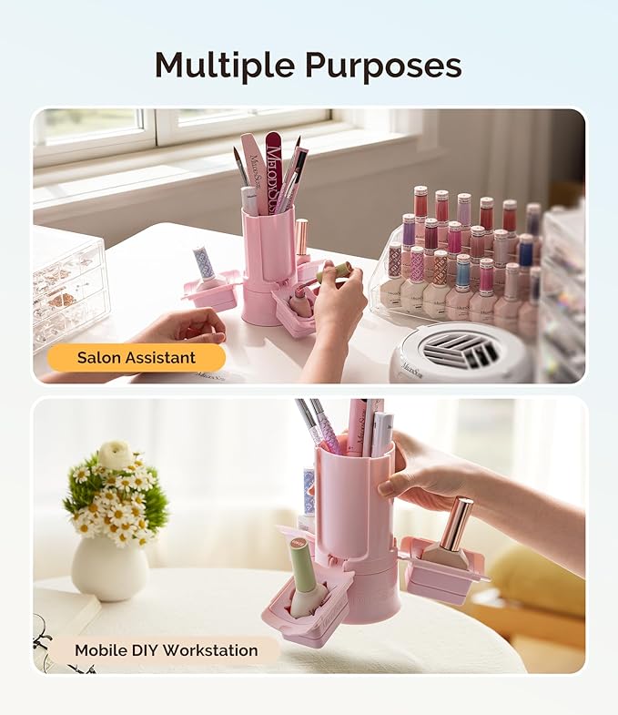 MelodySusie GelCarousel for Nail Polish Bottle Holder and Nail Art Tools Organizer, 360° Rotating Storage Container with 3Pcs Detachable Silcone Gel Polish Holder, Pink(Only Box)