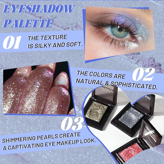 Sparkly Eyeshadow Palette for Women, Single Monochrome Eye Shadow Makeup, Shiny Pressed Cream Powder, Blendable Natural sombras para ojos, Holographic,Vegan,Travel (07-Glitter-Blue)