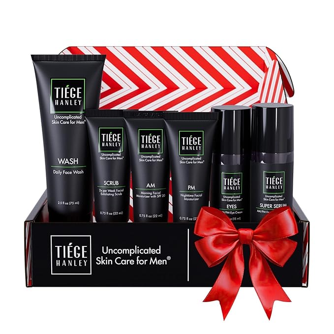 Tiege Hanley Skin Care Set for Men, Anti Aging Routine, System Level 3, Daily Face Wash, Facial Scrub, Two Moisturizers, Eye Cream, and Serum for Healthy, Hydrated Skin, Men’s Skin Care, 6 Piece Kit