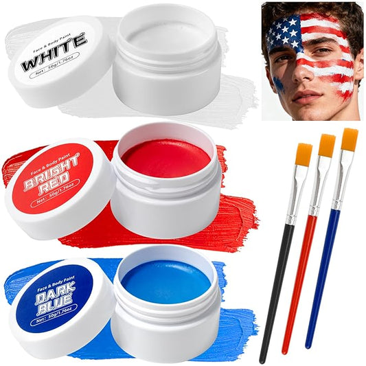 TonJin White Red Blue Face Body Paint Set 5.28oz,Non-Toxic Professional Facepaint Makeup Kit with 3 Brushes for 4th of July USA Independence Day Football Softball Players Clown Spiderman