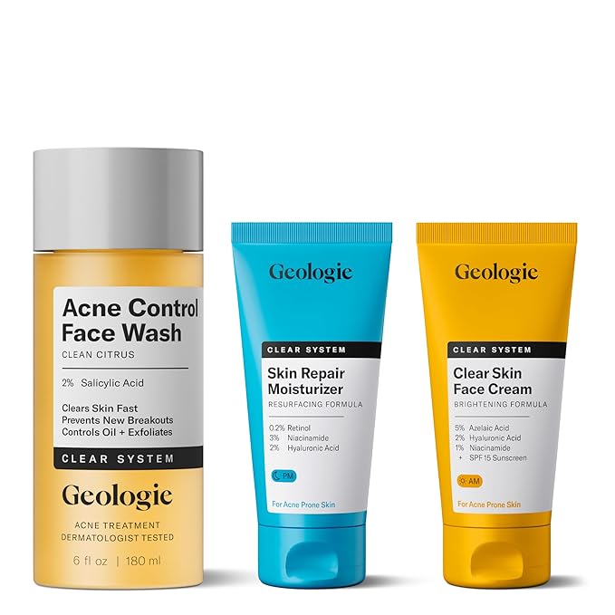 Geologie Acne Control Face Routine | 3-Piece Kit Includes Exfoliating Cleanser, Repairing PM Moisturizer, Oil Free AM Moisturizer | Daily Routine for Clear, Healthy Skin | Lasts 3 Months