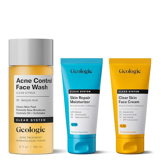Geologie Acne Control Face Routine | 3-Piece Kit Includes Exfoliating Cleanser, Repairing PM Moisturizer, Oil Free AM Moisturizer | Daily Routine for Clear, Healthy Skin | Lasts 3 Months
