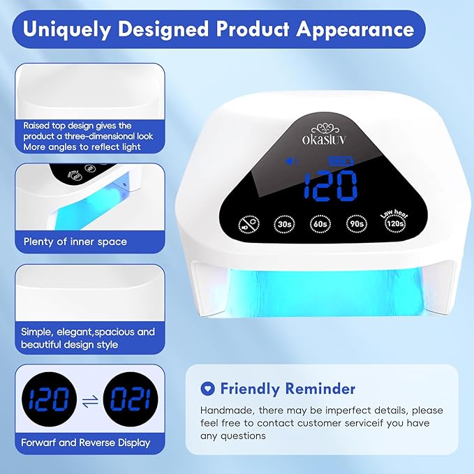 Okasiuv UV LED Nail Lamp with UV Gloves,Magnetic Metal Mirror Base Cordless Nail Dryer, Gel Polish Curing Light with 4 Timers,Touch Control Display,Auto Sensor for Professional Salon & Home