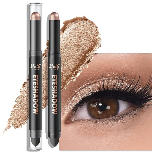 Dual-Ended Eyeshadow Stick - Long-Lasting Cream Eye Shadow Stick Crease-Proof Shimmer Eyeshadow Pencil, Easily Blendable Neutral Eye Highlighter Makeup with Built-in Smudger, 08 Sand