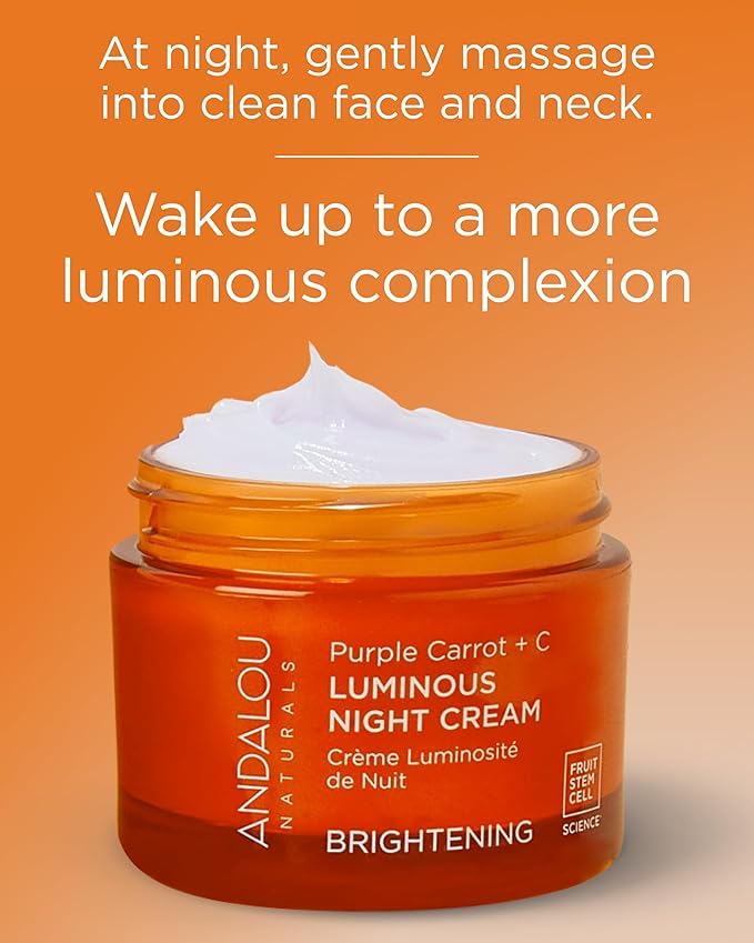 Andalou Naturals Purple Carrot + Vitamin C Luminous Skin Night Cream - Hydrating Face Moisturizer - With Fruit Stem Cell Complex for Radiant Skin - 1.7 fl oz