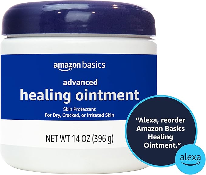 Amazon Basics Healing Ointment & Skin Protectant for Dry & Cracked Skin and Chapped Lips, Fragrance Free, 14 Oz (Pack of 4)