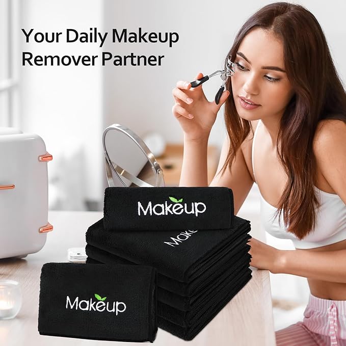 Orighty 6 Pack Premium Makeup Remover Wash Cloths - Super Soft, Quick Dry Microfiber Coral Fleece Face Makeup Towels for Cleansing, 13 x 13 Inch, Black