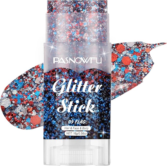 Patriotic Body Glitter Stick, Red White and Blue Face Glitter for Women and Girls, USA Accessories Hair Tinsel Stick for 4th July Independence Day Party Makeup, Concert Stage Performance