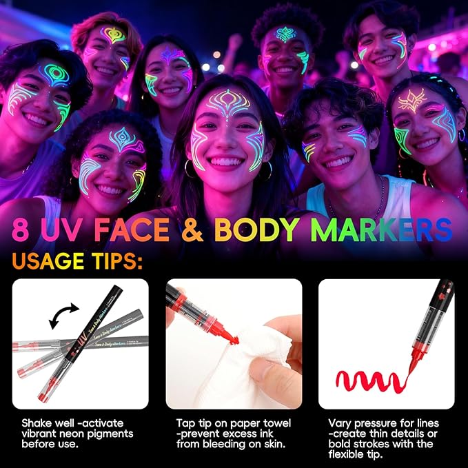 Glow in the Dark Body Paint,Halloween Makeup Kit,Neon Face Painting Markers Pen for Skin Glow Under Black Light, Washable UV Temporary Tattoo Pens for Glow Party Supplies (8 color)