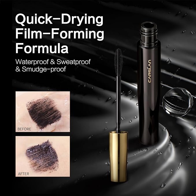 CARSLAN Light-Lengthening Mascara, Lengthening & Curling, Smudge Proof & Flake Resistant with Date-shaped Brush for Clump-Free Definition, Quick-Dry, Washable, Long Lasting Volume
