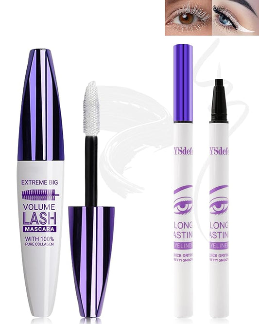 White Mascara Liquid Eyeliner Set,5D Waterproof Fiber Colored Mascara Volume and Length,Longlasting Smudgeproof Color Eye Liner Pen,Cosplay Party Stage Use,Christmas Makeup Gift Kit for Women Girl