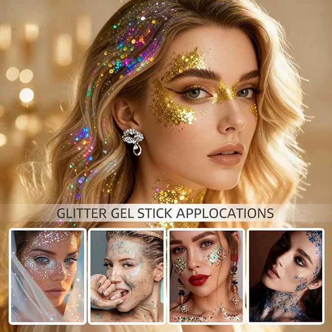 Body Glitter Stick, Perfect Holographic Sequins Face Paint Glitter Neon Outfit Rave Festival Party Accessories Hair and Body Glitter Gel Makeup (Blue & White)