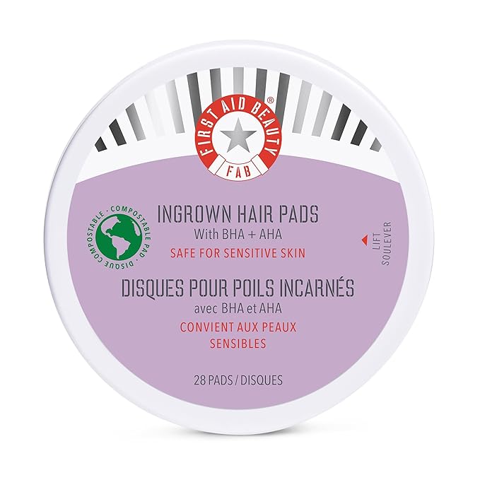 First Aid Beauty - Ingrown Hair Pads with BHA + AHA - Aftershave Treatment Pads to Help Prevent Razor Bumps for Men & Women - Exfoliate Underarms & Bikini Area - Compostable for Daily Use - 28 Pads
