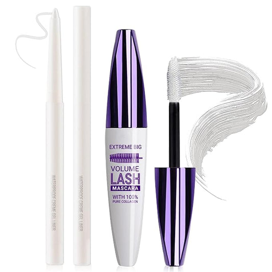 White Mascara and Eyeliner Set 5D Coloured Mascara for Eyelashed, Volumizing Curling Defining Eye Lashes, Long-Lasting Waterproof White Makeup