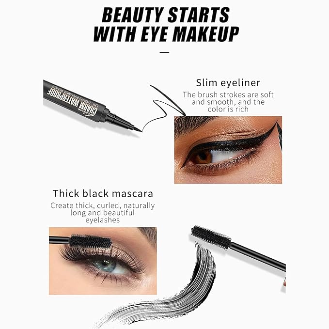 2 Pack Mascara Eyeliner Set, 4D Silk Fiber Eyelash Mascara and Liquid Eyeliner, Thicker Voluminous Eyelashes, Long-Lasting Waterproof Smudge-Proof Eyes Makeup Kit(05)