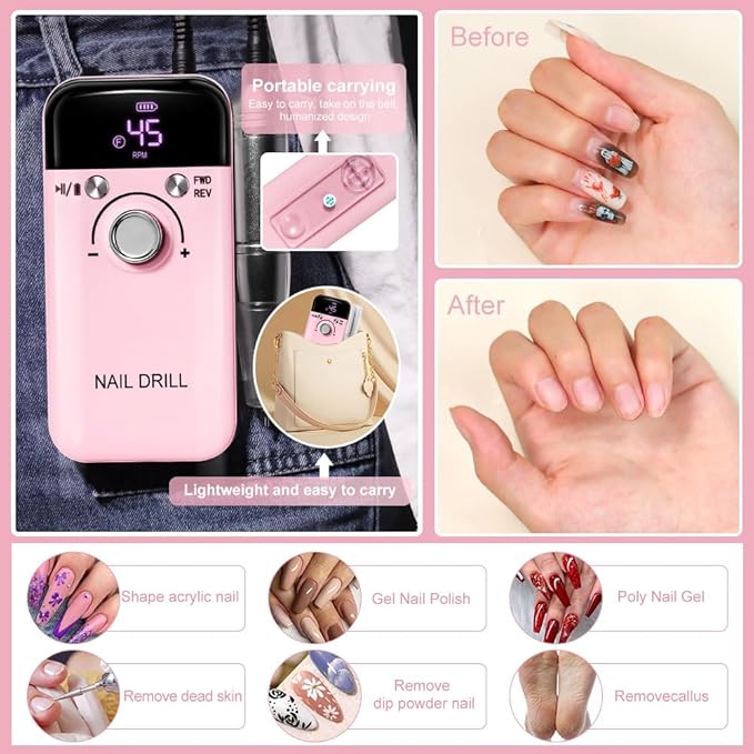 ANRLO Professional Electric Nail Drill, 45000 RPM Cordless Rechargeable E-File Machine, with 12 Bits, Sanding Bands, LCD Display for Acrylic Gel Nails (DMJ-V6-PINK-USB)