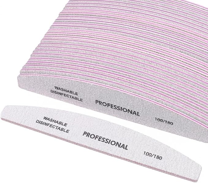 Klimonla 25PCS Professional Half Moon Emery Board Nail Files, 100/180Grit Dual-Sided Buffer, Reusable Nail Filing Tools for Natural & Acrylic Nails, Home & Salon Manicure Supplies
