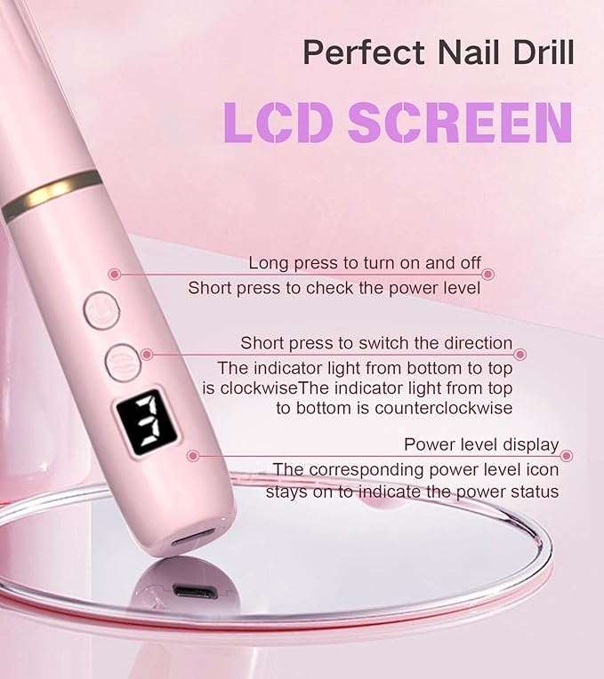 HengYuaoler Electric Nail Drill Machine File Efile Set for Acrylic Gel Nails Portable Nail Drill Machine Kit Rechargeable Pedicure Tools for Hand Feet Manicure Pedicure Tools Polishing Set (Pink)