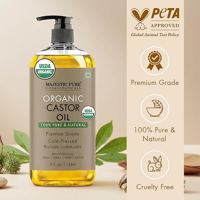 Majestic Pure Organic Castor Oil 8 Fl Oz - 100% Pure and Natural - Premium Grade Carrier Oil - Hair, Eyelashes and Eyebrows - Hair Oil and Body Oil - Cold Pressed - Hexane Free