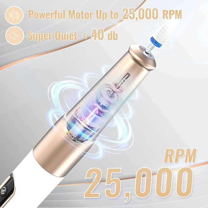 Denabuty Nail Drill Cordless, Electric Nail File 12 in 1 with LED Display, Nail Drill Machine Professional Portable Rechargeable E File for Gel Acrylic Manicure Pedicure Set with 5 Speeds Golden