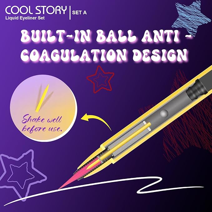COOL STORY Liquid Eyeliner Waterproof Smudge Proof Eye Liner, 24H Long-Lasting, 0.6ml/0.02 fl.oz (SET-A)