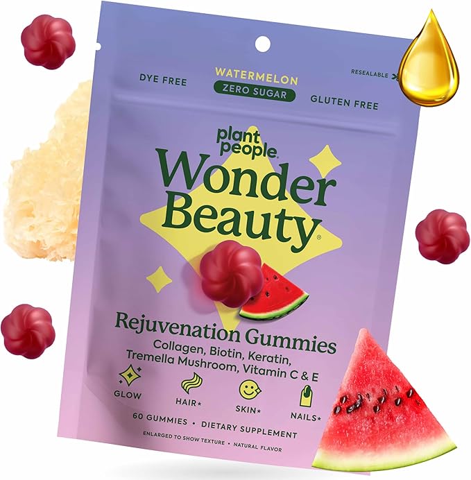 Plant People WonderBeauty Hair, Skin & Nails Rejuvenation Gummies with Tremella Mushroom, Marine Collagen Peptides, Keratin, & Biotin – Watermelon Flavor, 60 Gummies