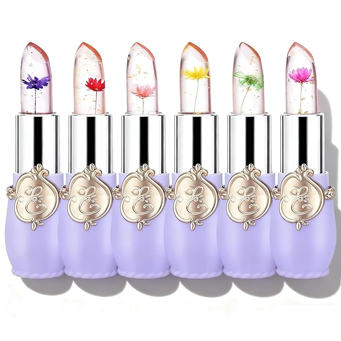 firstfly 6 Pcs/Set Flower Jelly Lipstick, Transferproof Color Change Lip Goss Moisturizer Long Lasting Nutritious Balm, Magic Temperature Change Clear ph Lipstick for Women (Purple)