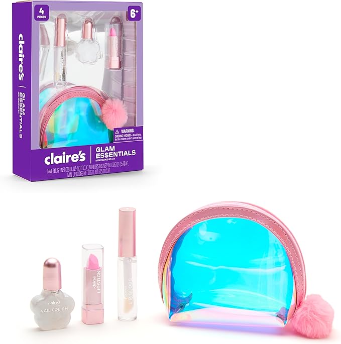Claire's Glam Essentials Kids Makeup Kit, 4-Piece Real Cosmetic Set with Mini Pouch, Lip Gloss, Lipstick & Nail Polish, Pretend Play Make Up for Kids Ages 6+, Girl Toys & Beauty Activity Gift