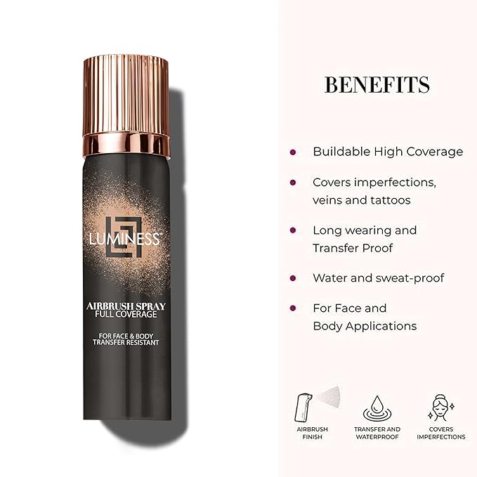 LUMINESS Airbrush Body Coverage - Tattoo Cover Up Makeup - Full Coverage Foundation for Face & Body - Water-Resistant, Long-Wear, Natural Radiant Finish, Warm
