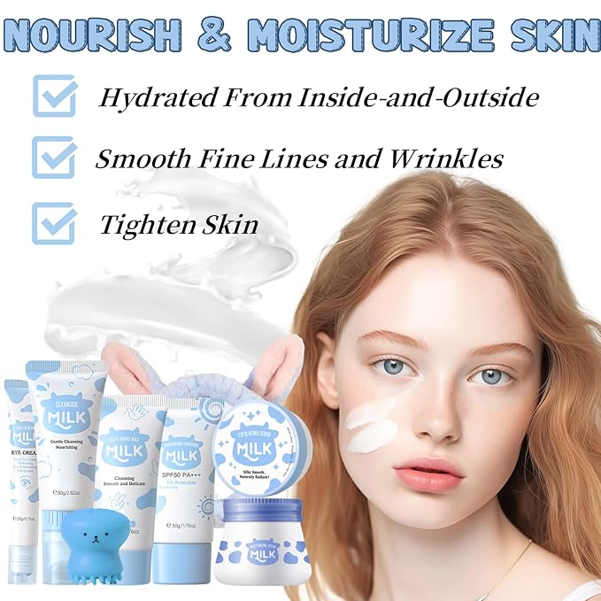 Milk Skincare Set Teen Girls Gifts - Skin Care for Teens 10-12 - Skin Care Set Moisturizing - Skin Care Routine Kit for Women - Skincare for Girls 10-12 - with Eye&Face Cream,Sunscreen(8PCS, Milk)