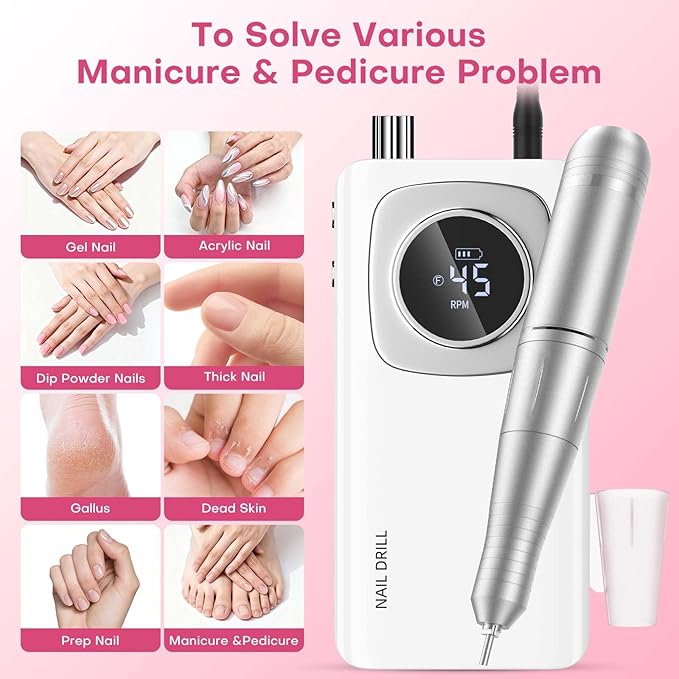 Electric Nail Drill Professional: Rechargeable Nail File with Bits for Acrylic Gel Nails, Professional Nail Drill Manicure Pedicure Polishing Shape Tools for Home Salon (White)