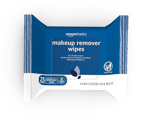 Amazon Basics Makeup Remover Wipes, Gentle Cleansing, Dermatologist Tested, Original, Plant Based, Alcohol-Free, Removes Waterproof Mascara, 25 Count Per Pack, Pack of 1