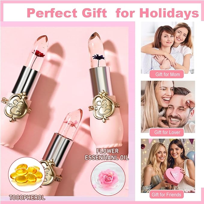 firstfly Pack of 6 Crystal Flower Jelly Lipstick, Long Lasting Nutritious Lip Balm Lips Moisturizer Magic Temperature Color Change Lip Gloss (Pink)