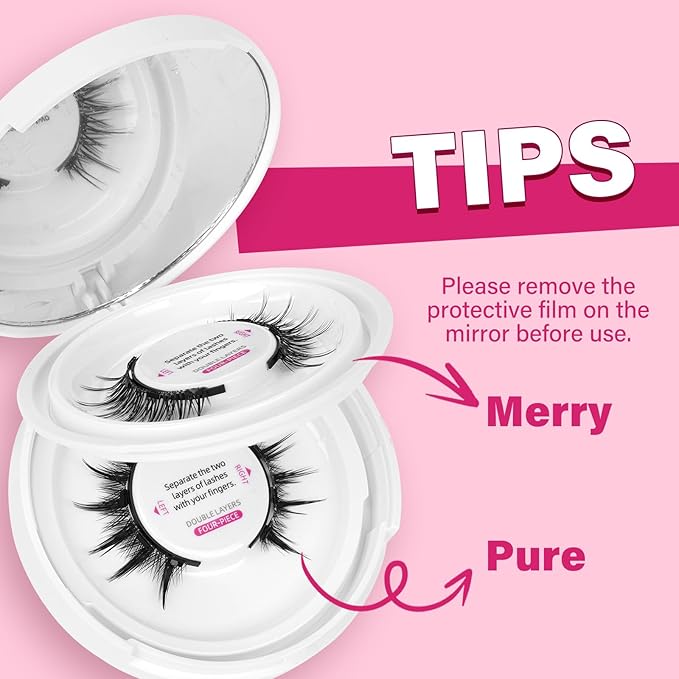 Magnetic Eyelashes Long Lasting And Reusable Magnetic Lashes 2 Pair 4 Magnets No Glue Needed False Eyelashes Waterproof,Cruelty Free,Easy To Wear(2 pair,Merry+Pure)