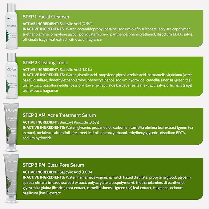Exposed Skin Care, Basic Acne Treatment Kit with 2.5% Salicylic Acid and 3.5% Benzoyl Peroxide to Clear Up Teen, Adult, Hormonal and Cystic Acne – Natural, Non-toxic and Cruelty Free
