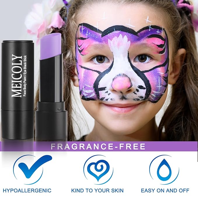 MEICOLY Light Purple Face Body Paint Stick for Halloween SFX Ursula Cosplay Makeup,Lavender Violet Lilac Pale Purple Face Paint,Waterproof Eye Black Stick for Baseball Softball Football Lacrosse