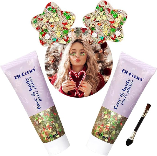 Christmas Body Glitter Face Glitter Gel: Christmas Hair Glitter,Christmas Accessories Stocking Stuffers Gift Decorations,Festival Face Glitter Makeup for Women Kids Girls,Chunky Glitter