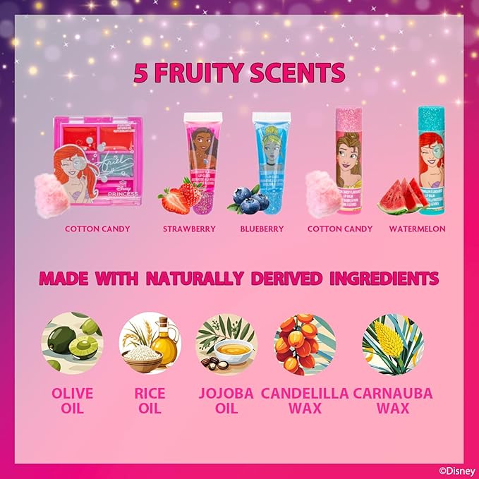Disney Princess Beauty Mini Train Case Set Includes Lip Gloss Tube, Lip Balm, Lip Gloss Compact for Girls Party, Sleepovers by Townley Girl