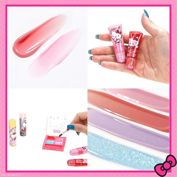 Hello Kitty Beauty Mini Train Case Set Includes Lip Gloss Tube, Lip Balm, Lip Gloss Compact for Girls Party, Sleepovers by Townley Girl
