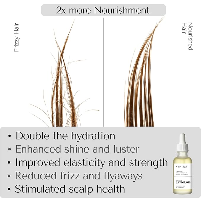 Vihira Organic Golden Castor Oil (2 Fl Oz | Premium Grade), True Cold Pressed, 100% Pure, Extra Virgin, Hexane Free, for Hair, Eyelash, Eyebrow, Cuticles, Nails, Skin, Belly Button & More.