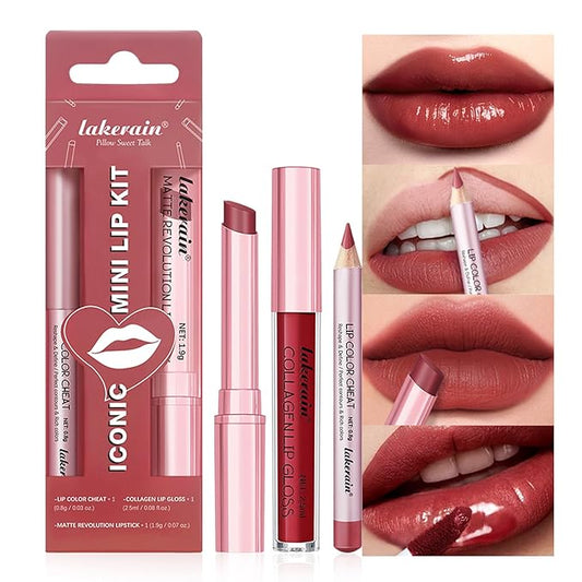 3PCS Lip Liner and Lipstick Combo Set - Matte Lip Liner Pencil, Velvet Matte Lipstick & Hydrating Collagen Lip Gloss - Long-Lasting, Smudge-Proof, High Pigment Nude Brown Lip Makeup Kit (#2 Red Rose)