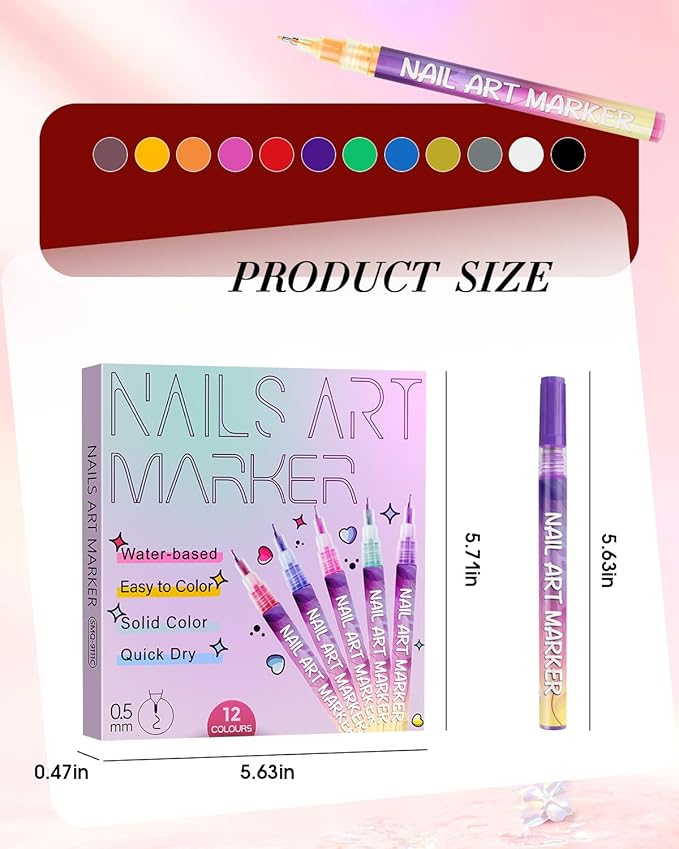 EarTycoon 12 Colors Nail Art Pens Set, Fine Tip 0.5mm, Portable Nail Art Tools for Home Salon, for Beginners and Veterans, DIY Decoration for Adult, for Christmas Gifts(12pcs)