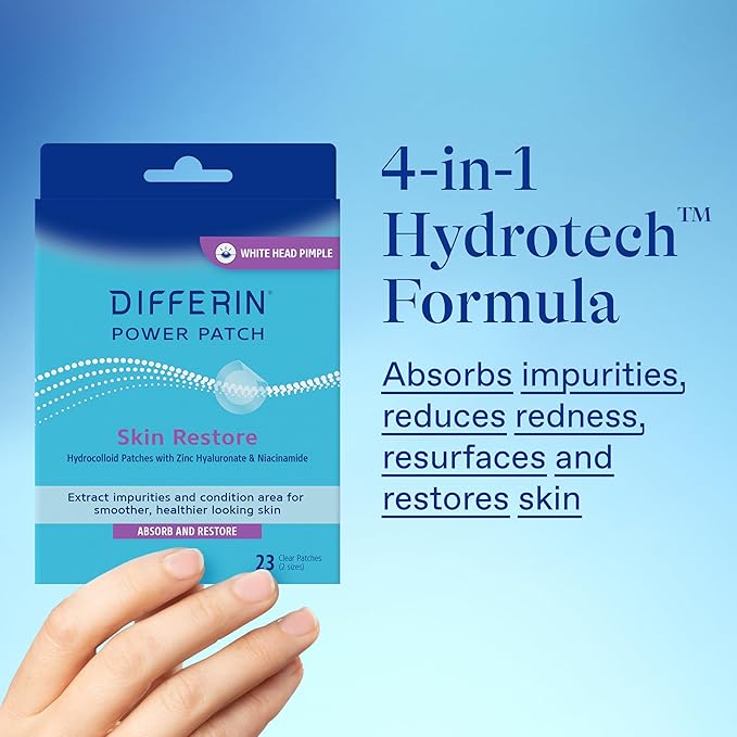 Differin Power Patches for White Head Pimples, Hydrocolloid Patches formulated with Zinc Hyaluronate and Niacinamide, 4-in-1 Hydrotech™ Formula, Helps Absorb Impurities and Restore Skin, 23 ct