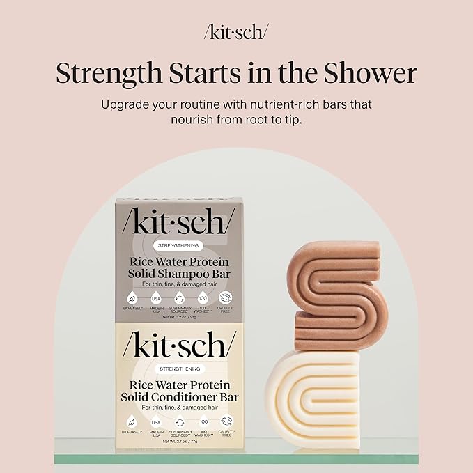 Kitsch Rice Water Protein Solid Shampoo and Conditioner Set for Hair Growth – Strengthening Hair Care Duo w/Rice Protein & Vitamins for Damage Repair – Paraben, Sulfate & Silicone Free, Made in USA
