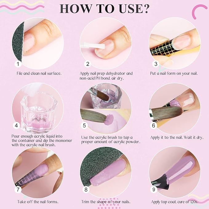 Saviland Acrylic Nail Starter Kit: Clear Pink Nude Acrylic Powder & Liquid, Brush, Files, Forms, Press On Nails, Home Practice Set