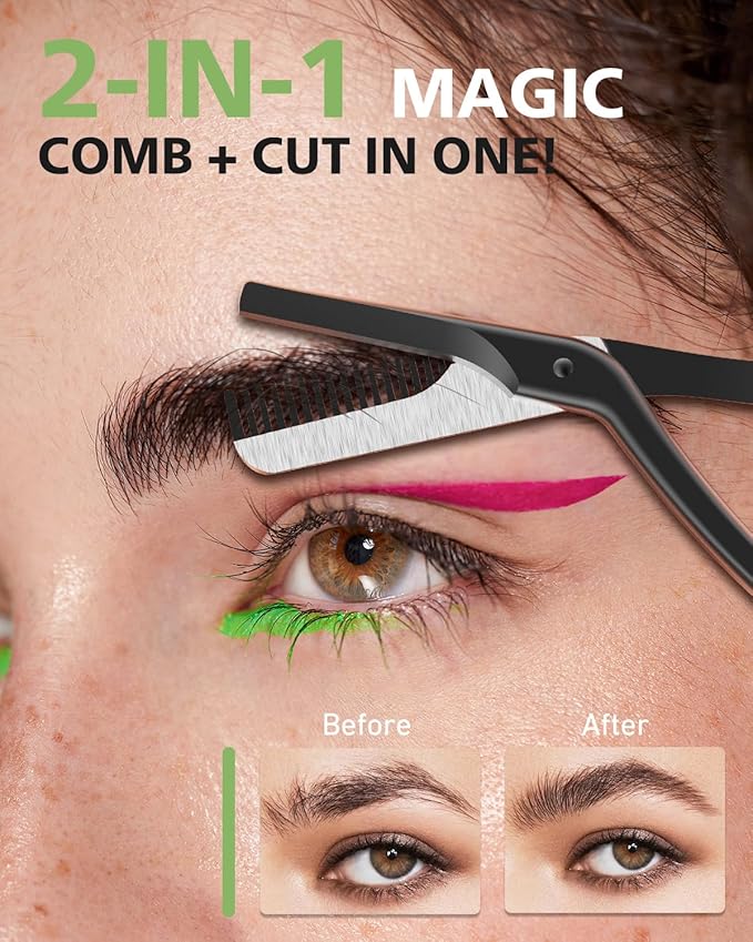 BALUCA Eyebrow Scissors with Comb | Professional Stainless Steel Eyebrow Trimmer for Women & Men | Dual-Design Precision Eye Brow Trimmer Scissors for Effortless Grooming, Silver (Black)